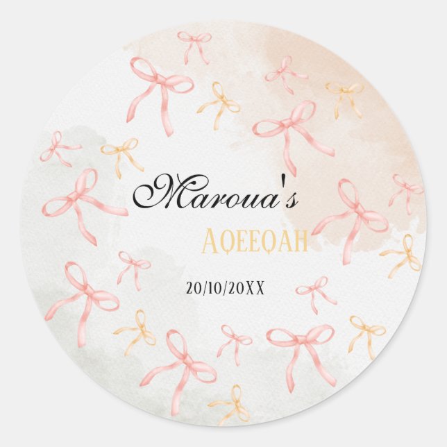 Rond Pink Bow Aqeeqah Personalized Sticker (Devant)