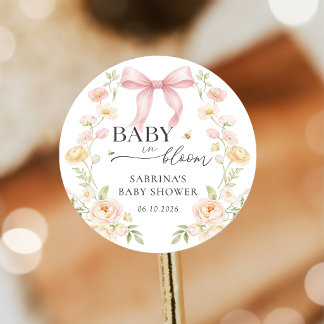 Rond Pink Bow Baby In Bloom Baby Shower Sticker