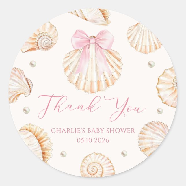 Rond Pink Bow Seashell Coastal Baby Shower Sticker (Devant)