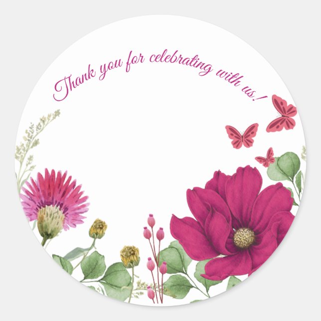 Rond Pink Butterfly & Floral Watercolor Sticker (Devant)