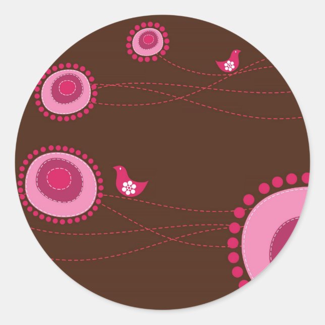 Rond Pink Dotted Flowers et Happy Birds Sticker (Devant)