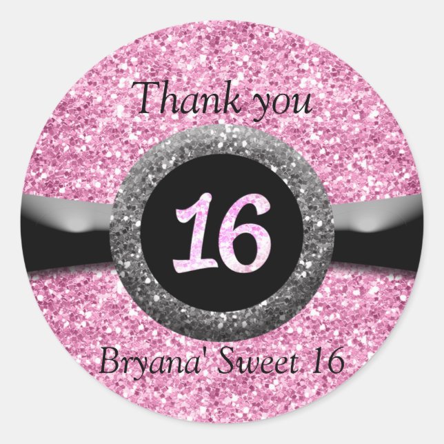 Rond Pink Glitter Sweet 16 Birthday Party Favor Sticker (Devant)