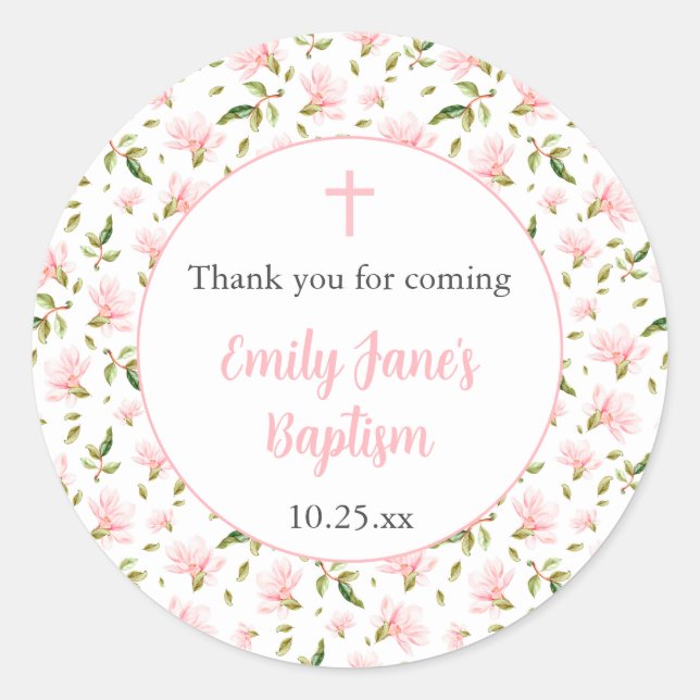 Rond Pink Magnolias girl baptism thank you sticker (Devant)