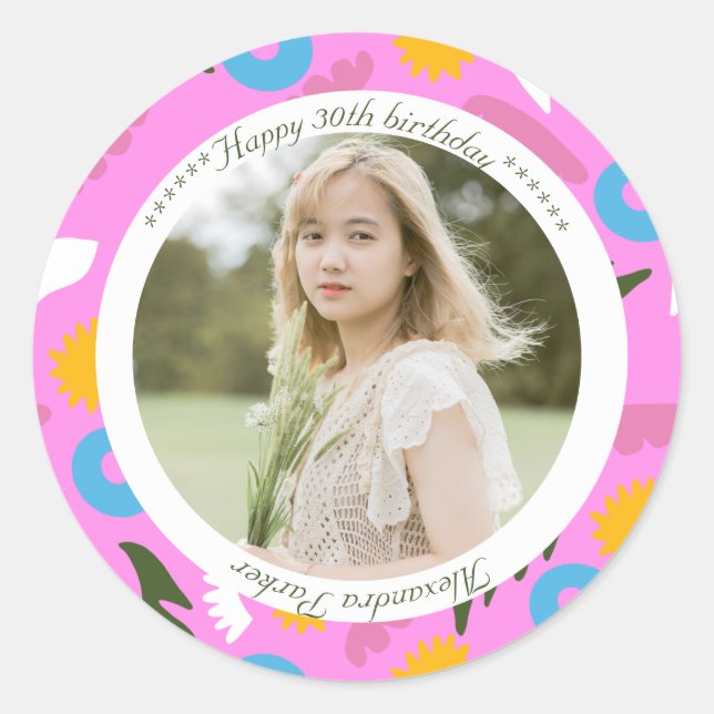 Rond pink name birthday modern floral romantic  Sticker (Devant)