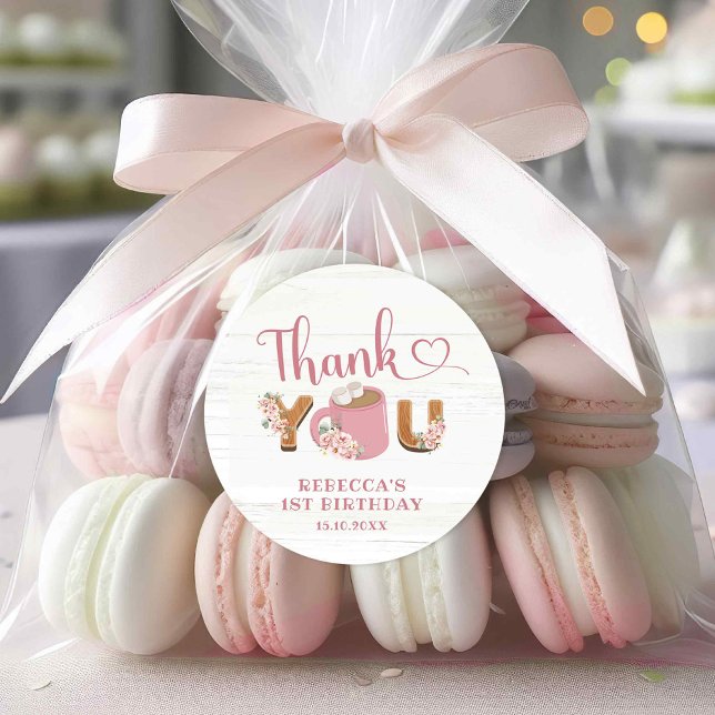 Rond Pink S'more Girl 1er Anniversaire Sticker Merci (Créateur téléchargé)