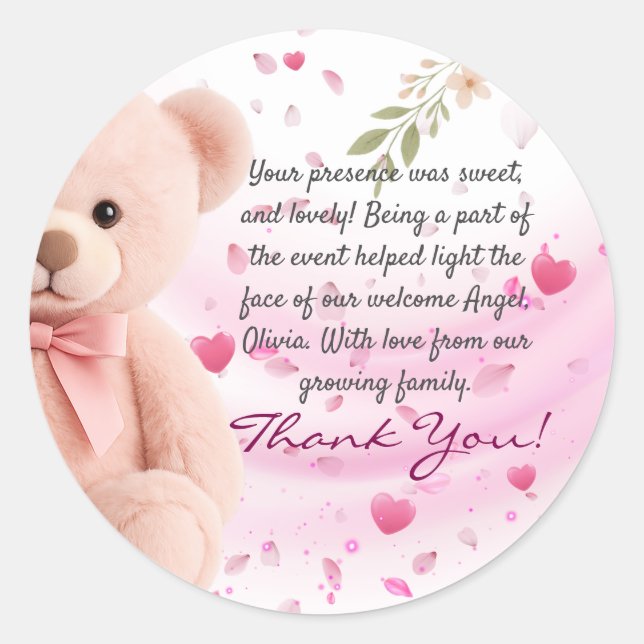 Rond Pink Teddy Bear Baby Shower Thank You Sticker (Devant)