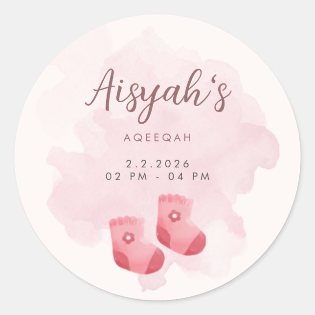 Rond Pink Watercolor Baby Girl Aqiqah Favor Sticker (Devant)