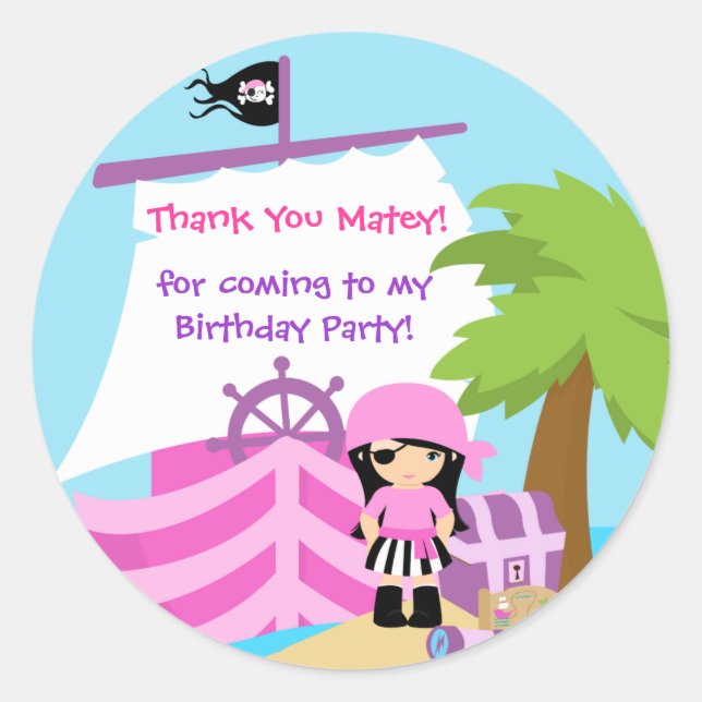 Rond Pirate Ship Girl Anniversaire Sticker Merci (Devant)