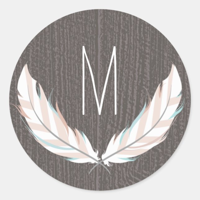 Rond Plumes + Sticker Monogramme en bois de grange (Devant)