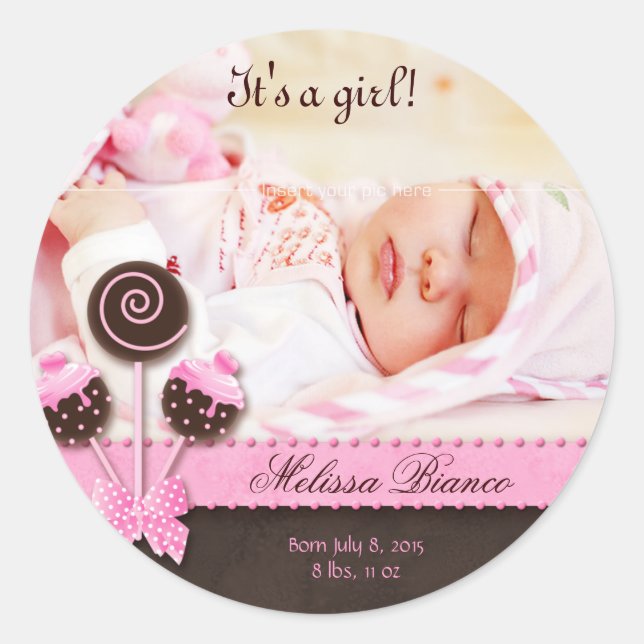 Rond Pops de gâteau Bébé Girl Sticker rose Brown bonbon (Devant)