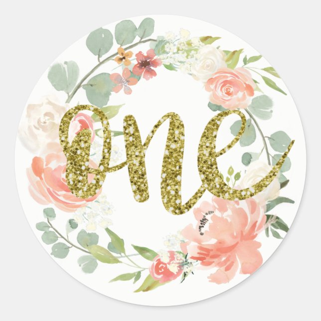 Rond Premier Anniversaire Pink Gold Floral Sticker Wrea (Devant)