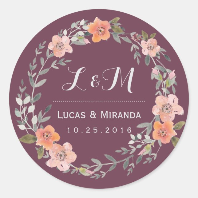 Rond Purple Rustique Fleur Wreath Wedding Favor Sticker (Devant)