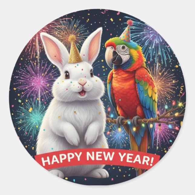 Rond Rabbit and Parrot New Year Sticker (Devant)
