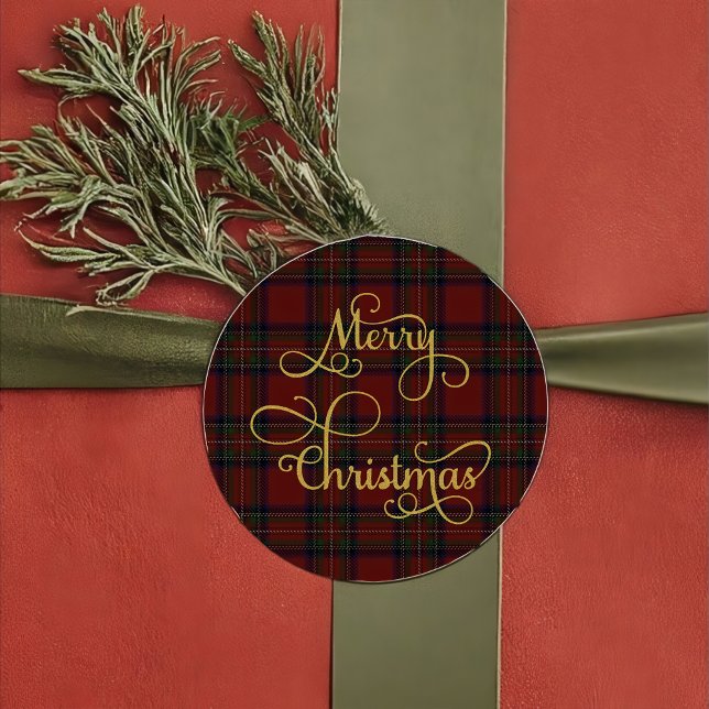 Rond Red Green Tartan Plaid Merry Christmas Sticker  (Créateur téléchargé)