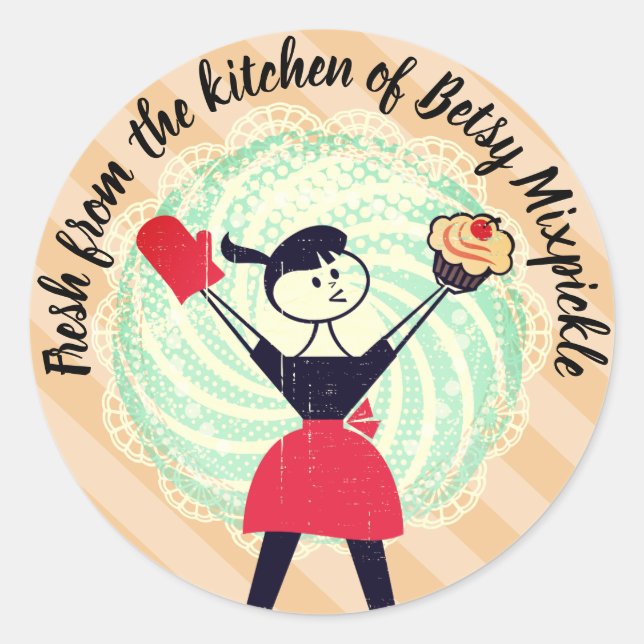 Rond Rétro fille cupcake de la cuisine de sticker (Devant)