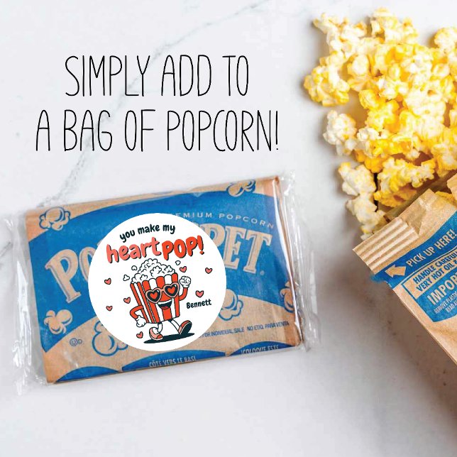 Rond Retro Popcorn Valentine Sticker (A cute, easy way to say “You make my heart pop!” Perfect for classroom Valentine's.)