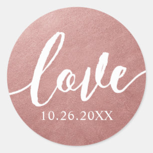 Rond Rose Gold Wedding Favor Sticker Date & Love Script