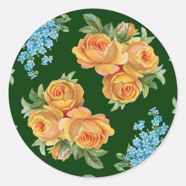 Rond Roses Jaunes Fleurs Bleues sur Sticker Vert (Devant)