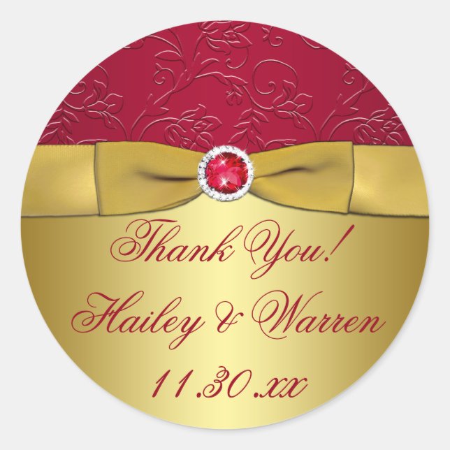 Rond Rouge, Or Floral Mariage Favor Sticker Merci (Devant)