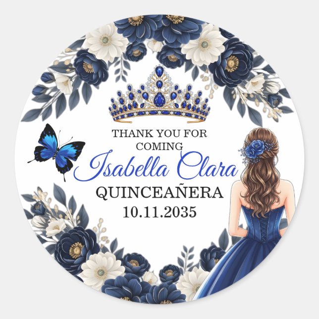 Rond Royal Blue Quinceañera Butterfly Favor Sticker (Devant)