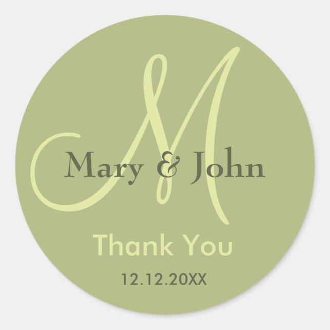 Rond Sage Green Merci Mariage Monogramme Sticker (Devant)