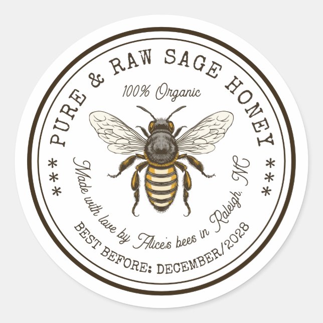 Rond Sage sticker de conserverie de miel avec abeille v (Devant)