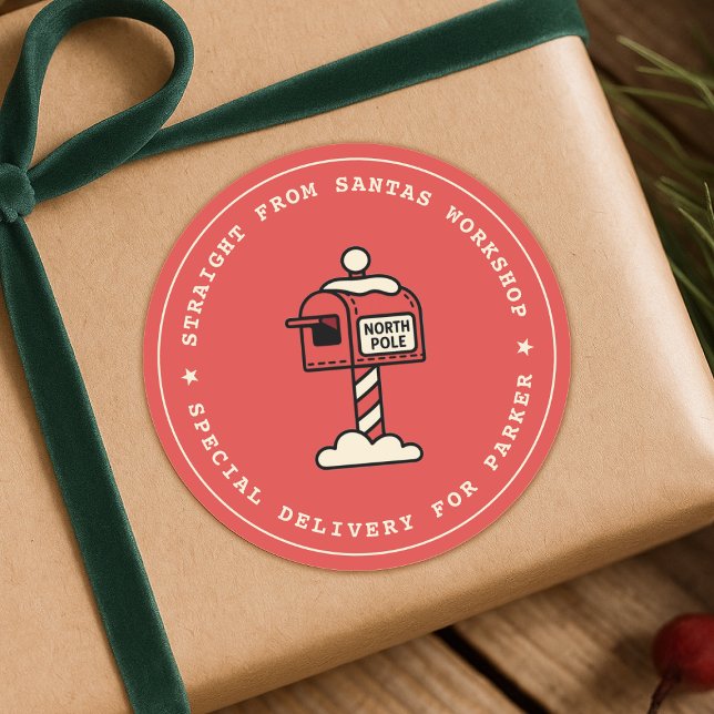 Rond Santas Workshop Sticker | North Pole Delivery (Playful mailbox illustration gift stickers for a special delivery straight from Santa's workshop)