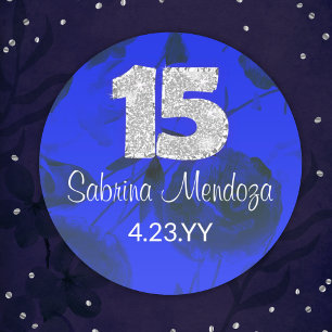 Rond Sapphire Bleu Quinceanera Silver #15 Round Sticker