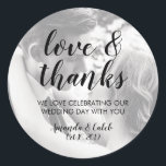 Rond Script Love & Thanks Photo Wedding Favor Sticker<br><div class="desc">Script Love & Thanks Photo Wedding Favor Sticker</div>