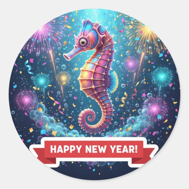 Rond Seahorse New Year Celebration Sticker (Devant)
