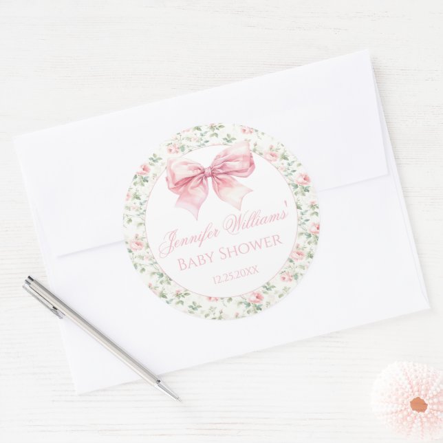 Rond Shabby chic baby shower arc rose merci sticker (Enveloppe)
