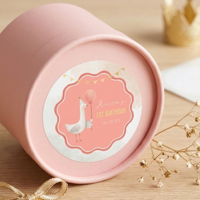 Rond Silly Goose 1st Birthday Sticker Coral Boho Girl (Créateur téléchargé)