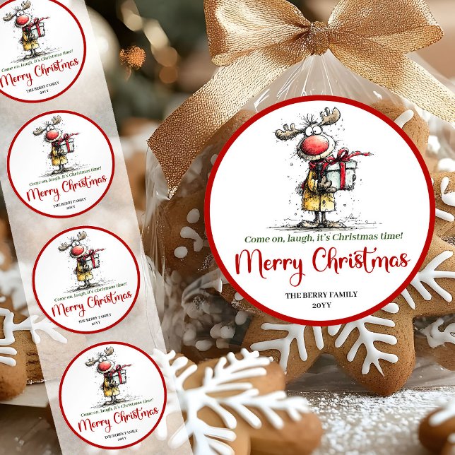 Rond Silly whimsical reindeer sticker funny deer charm (Whimsical quirky reindeer Christmas sticker design)