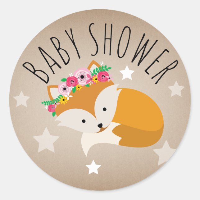 Rond Sleepy Fox Stars Girl Baby shower Sticker (Devant)