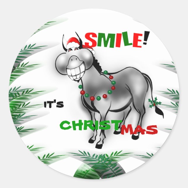 Rond Smile C'est Noël drôle Sticker à âne souriant (Devant)