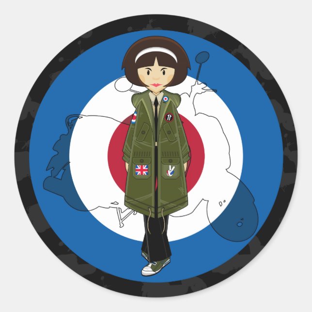 Rond Soixante mod fille à Parka avec scooter Sticker (Devant)