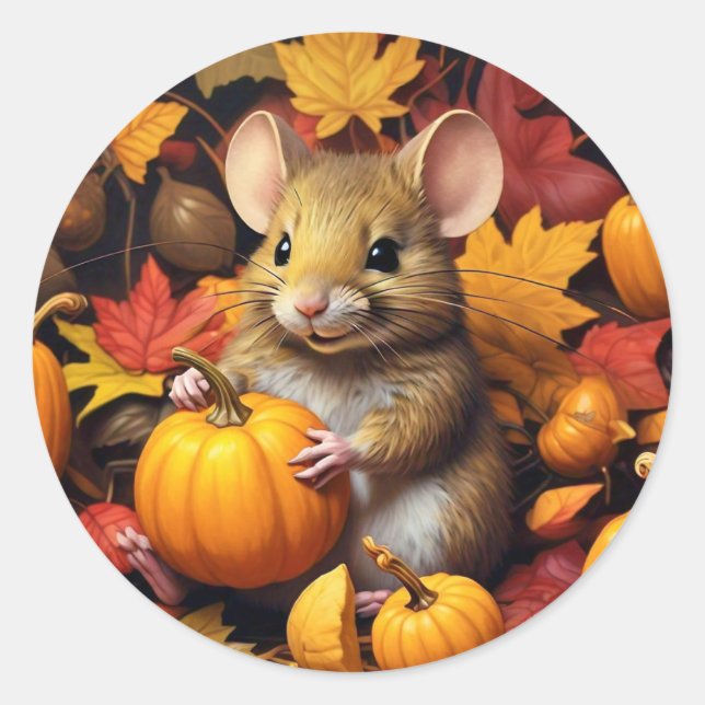 Rond Souris d'automne avec Sticker Citrouille & Feuille (Devant)