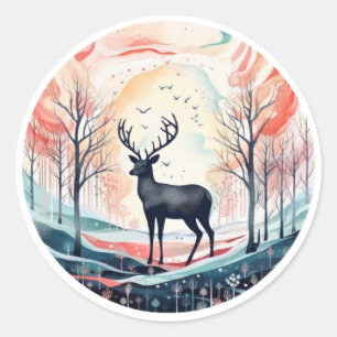 Rond Stag in the Snow Sticker - Festive de Noël