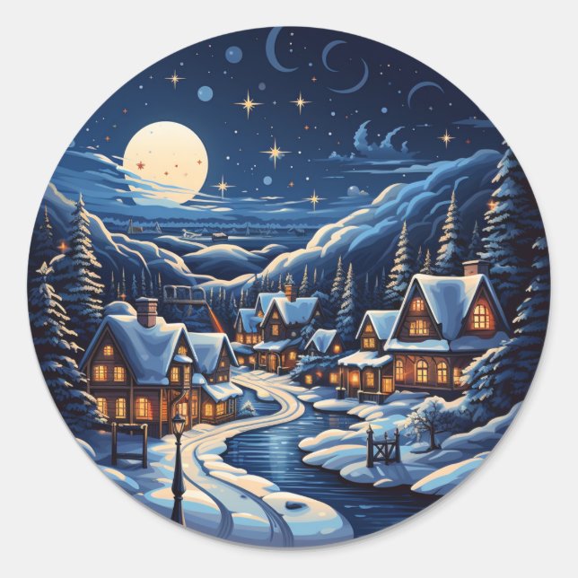 Rond Starry Christmas Village By Night Sticker (Devant)