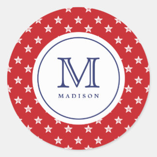 Rond Sticker 4 juillet Étoiles Rouge Bleu Monogramme