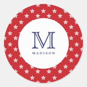 Rond Sticker 4 juillet Étoiles Rouge Bleu Monogramme