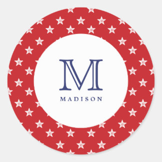 Rond Sticker 4 juillet Étoiles Rouge Bleu Monogramme