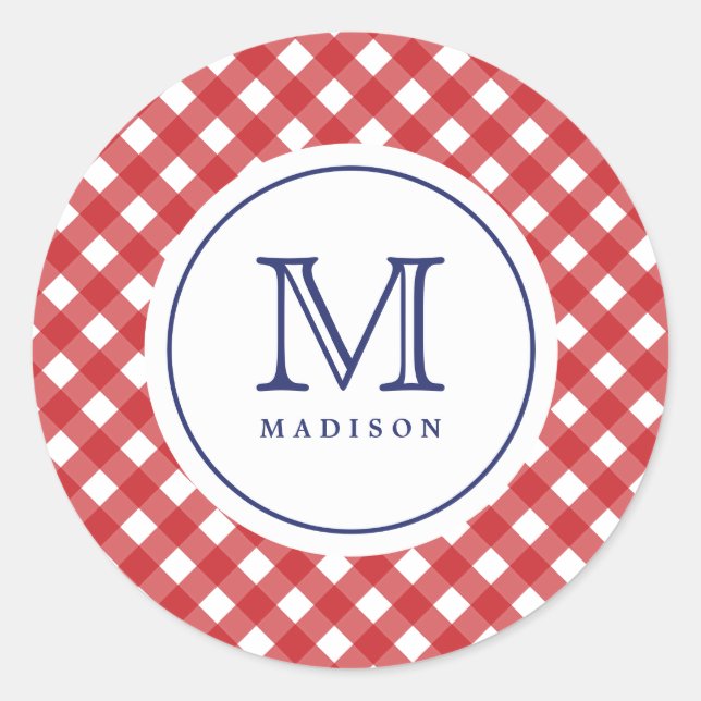 Rond Sticker 4 juillet Red Checks Blue Monogram Party (Devant)