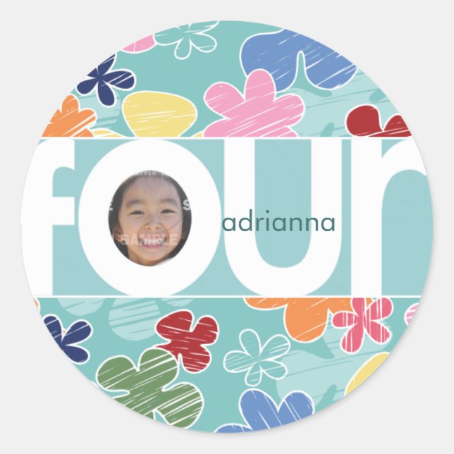 Rond Sticker 4th Birthday Flowers (Devant)