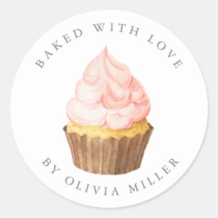 Rond Sticker À Cupcake Rose Élégant Cuit Avec Amour