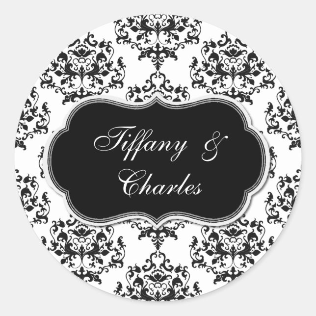 Rond Sticker à enveloppe Mariage damassé noir et blanc (Devant)