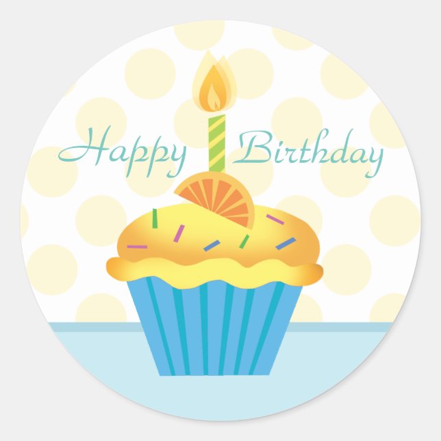 Rond Sticker à gâteau jaune et bleu d'anniversaire (Devant)