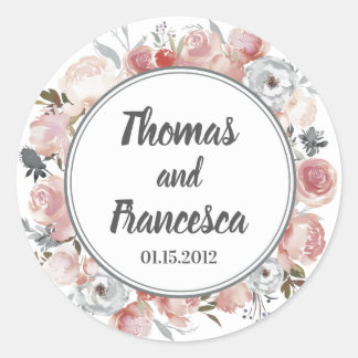 Rond Sticker à Mariage floral rose et chardon