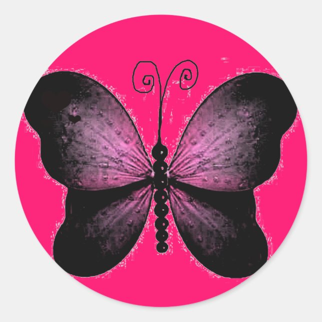 Rond Sticker à papillon noir et rose chaud (Devant)