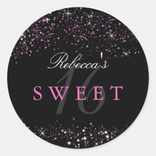 Rond Sticker à Parties scintillant Sweet 16 rose noir